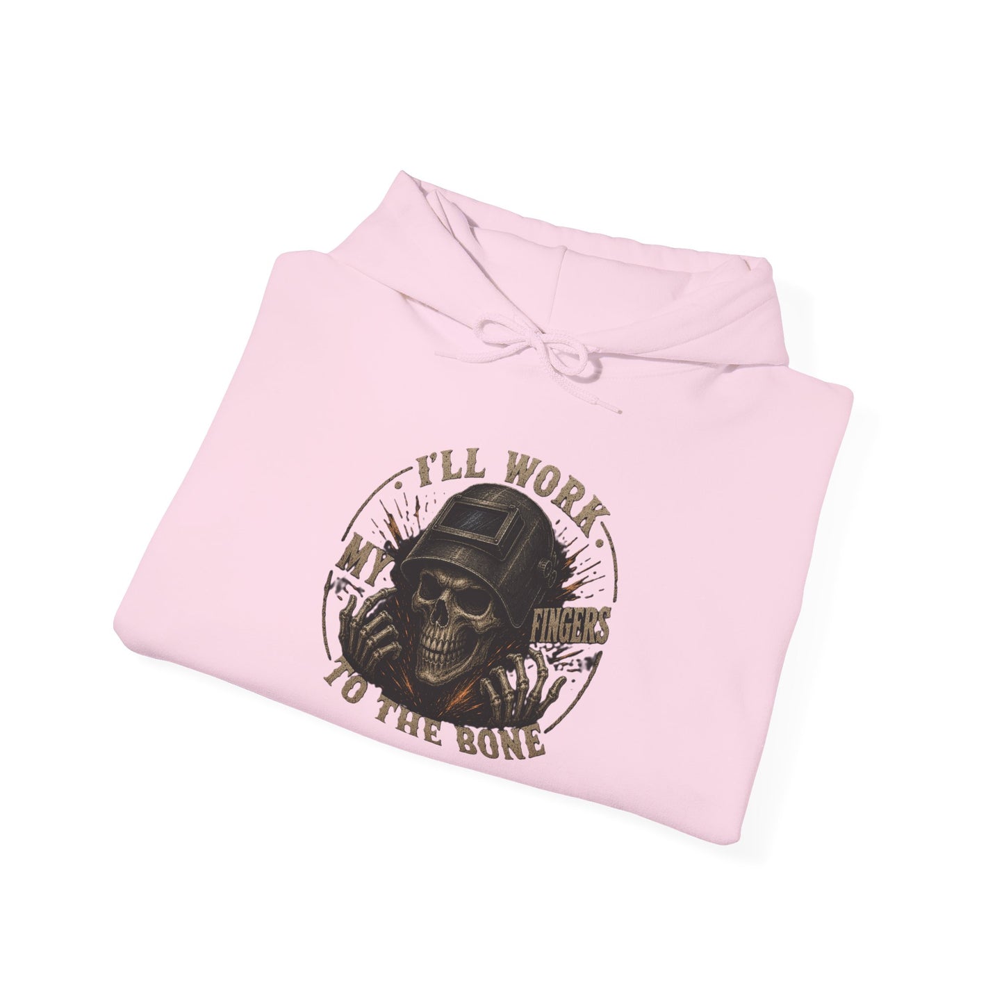Hoodie — "I'll Work to the Bone" Vintage Skeleton Worker Pullover