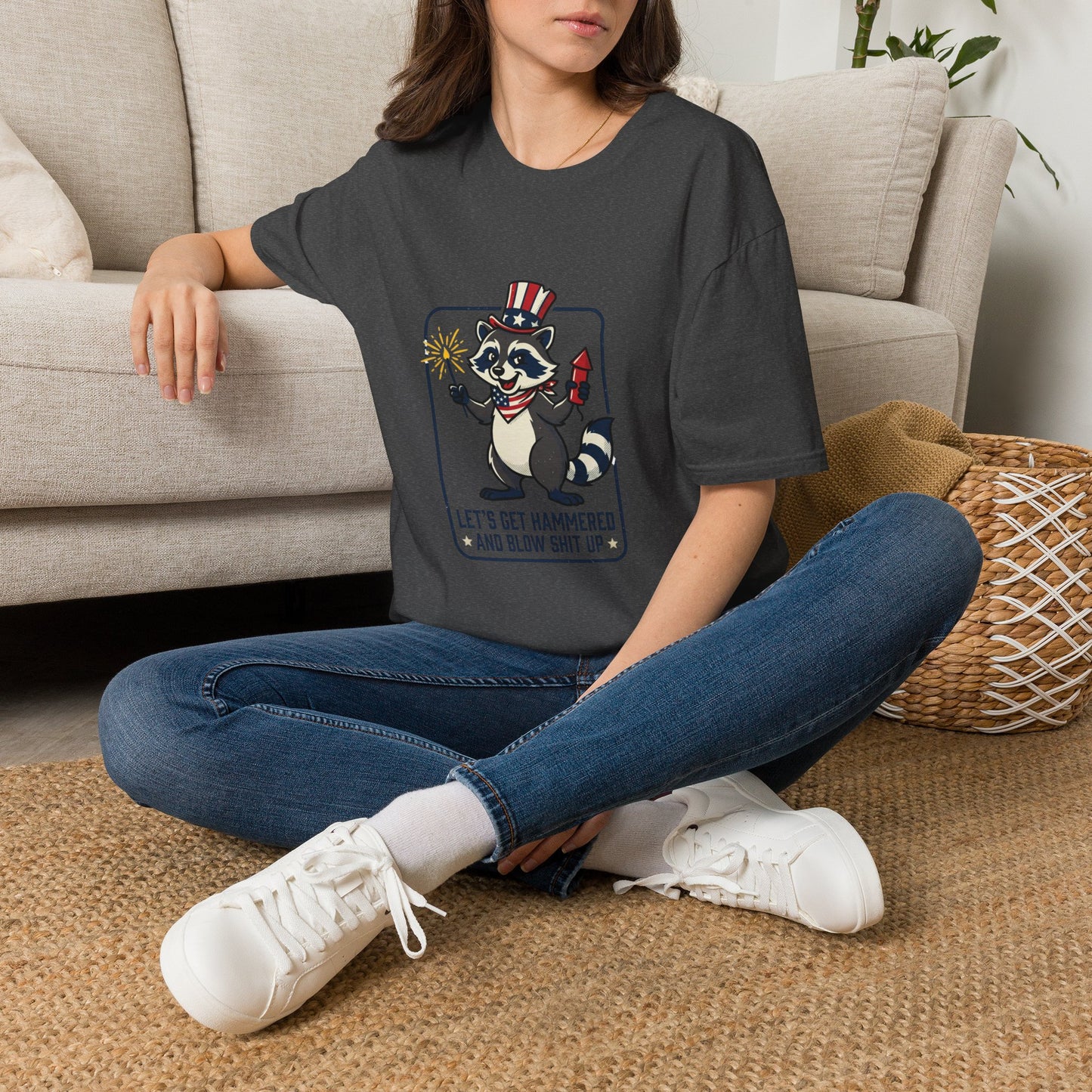 Patriotic Raccoon T‑Shirt — 'Let’s Get Hammered and Blow Shit Up' Fourth of July Tee