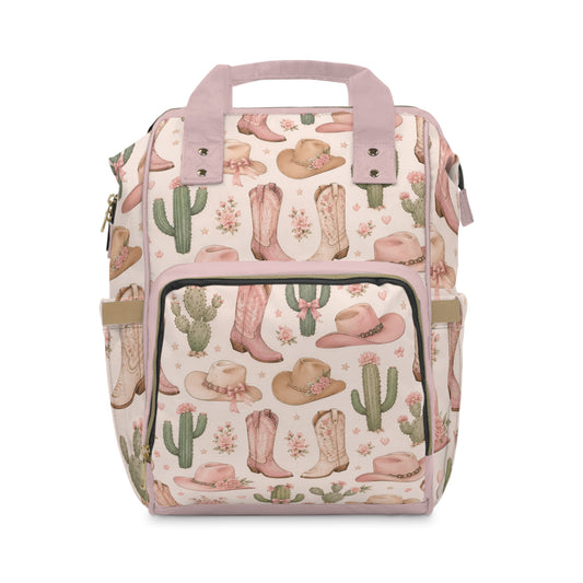 Pink Western Cowgirl Diaper Backpack — Multifunctional Baby Bag with Cowboy Boot & Cactus Print