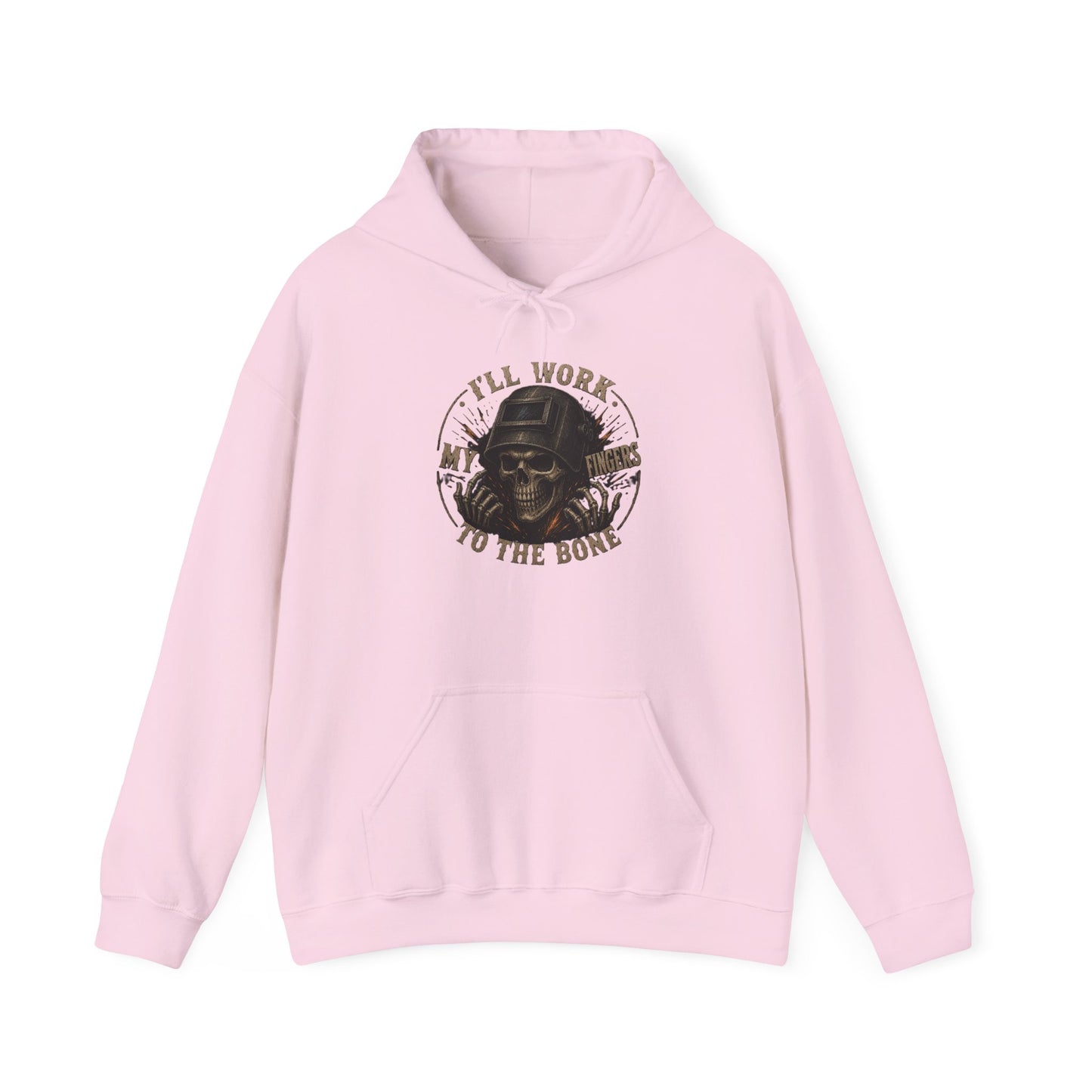 Hoodie — "I'll Work to the Bone" Vintage Skeleton Worker Pullover