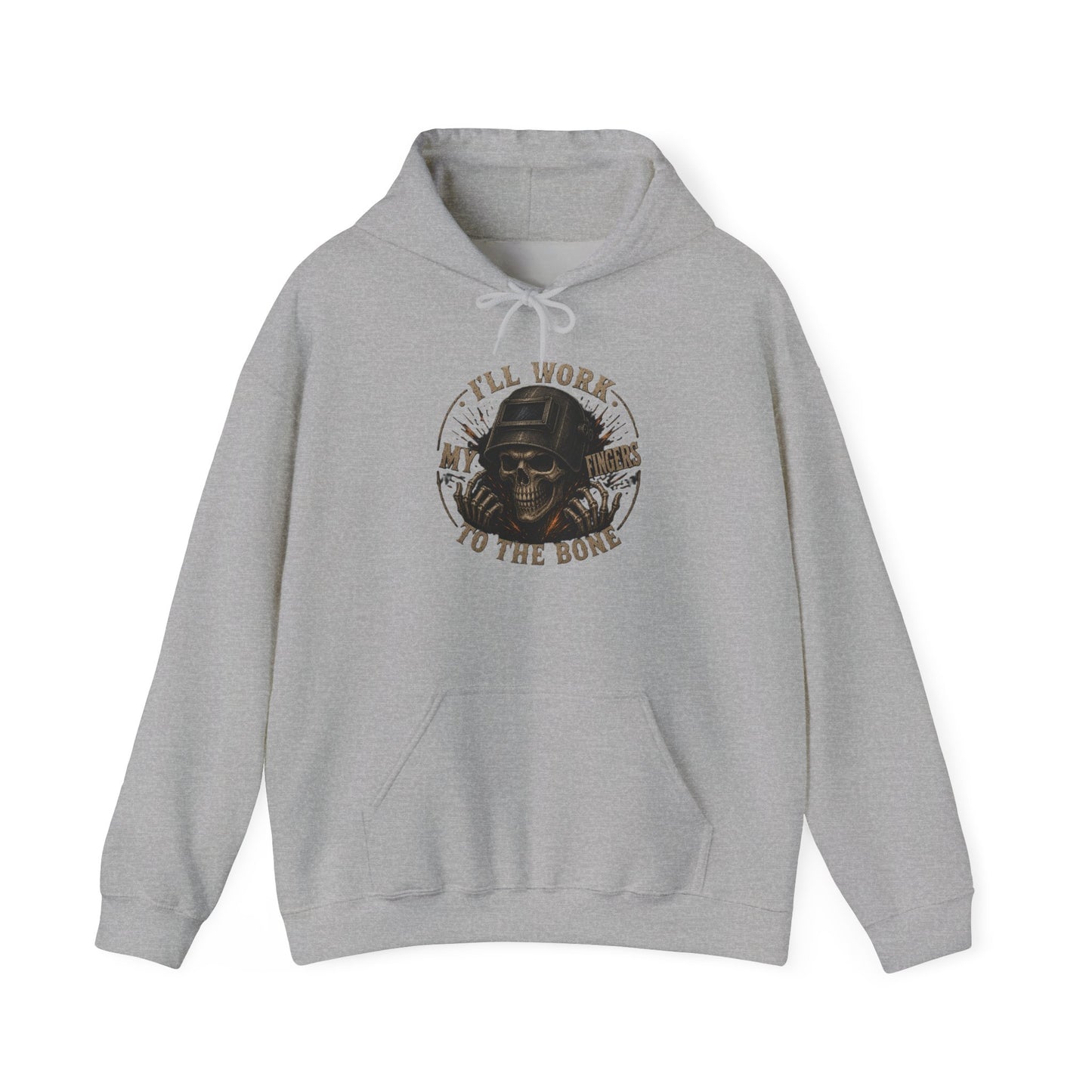 Hoodie — "I'll Work to the Bone" Vintage Skeleton Worker Pullover