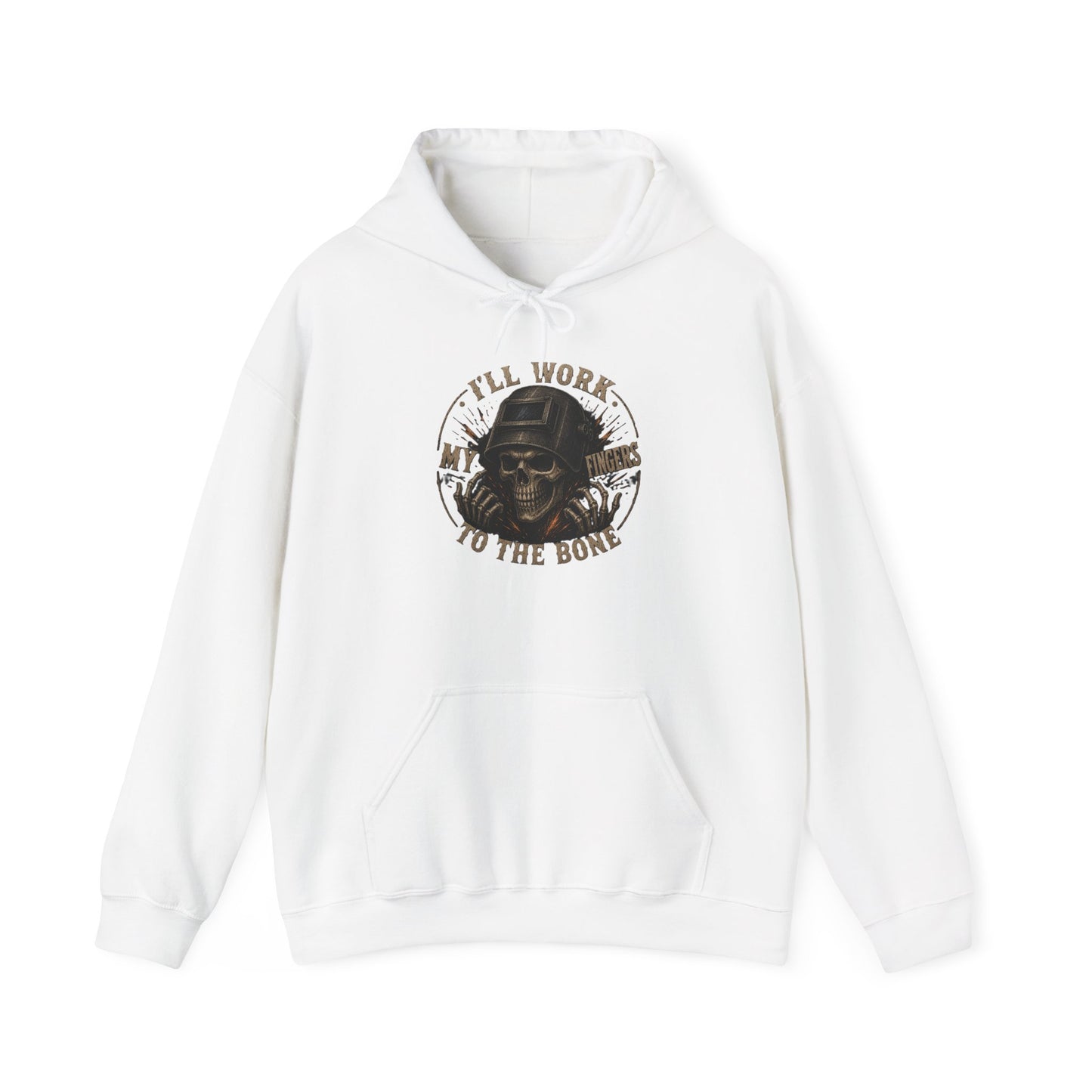 Hoodie — "I'll Work to the Bone" Vintage Skeleton Worker Pullover