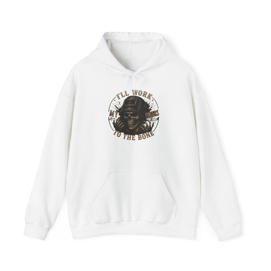 Hoodie — "I'll Work to the Bone" Vintage Skeleton Worker Pullover