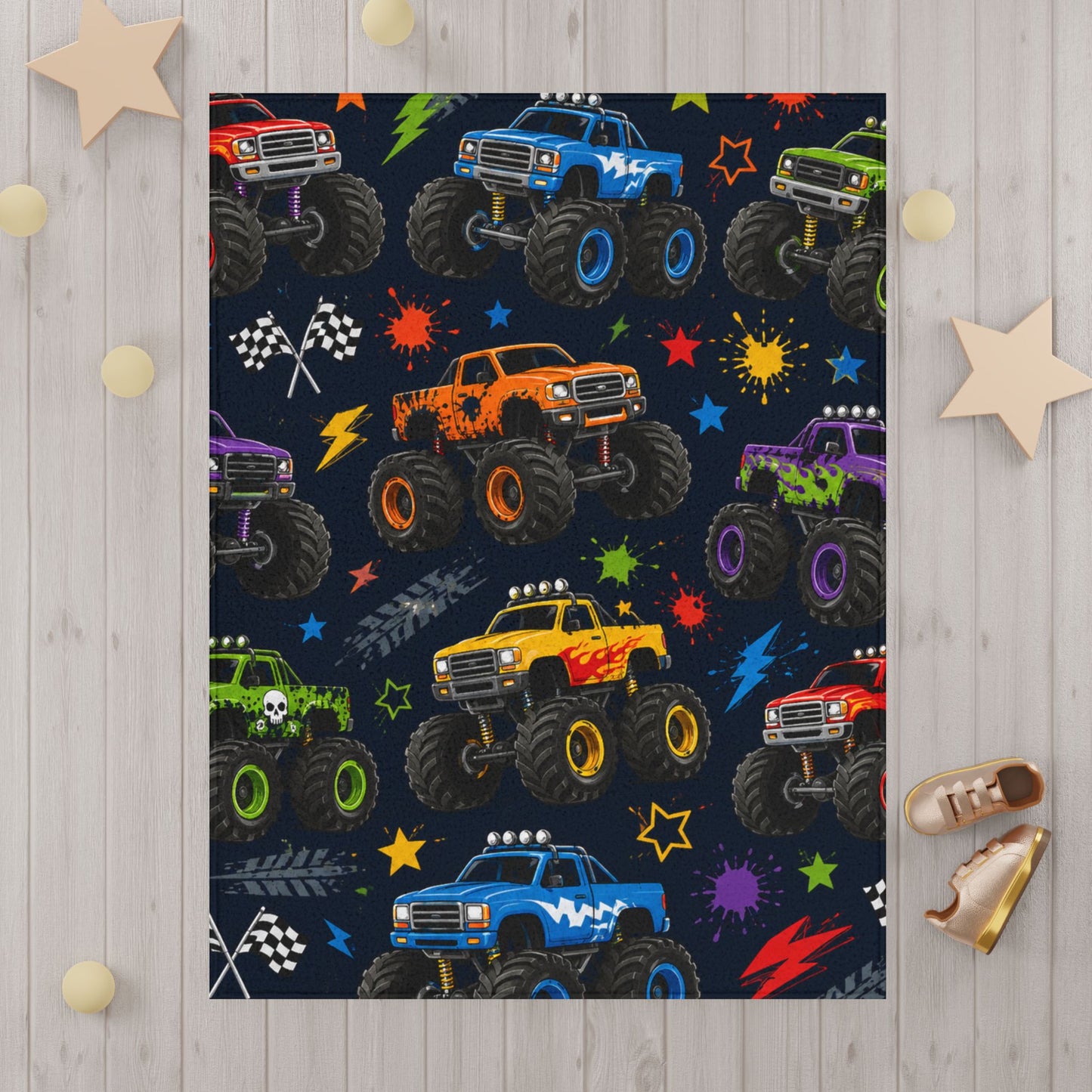Monster Truck Toddler Blanket — Colorful Racing Trucks Kids Throw