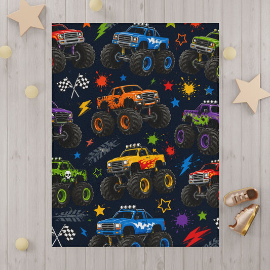 Monster Truck Toddler Blanket — Colorful Racing Trucks Kids Throw