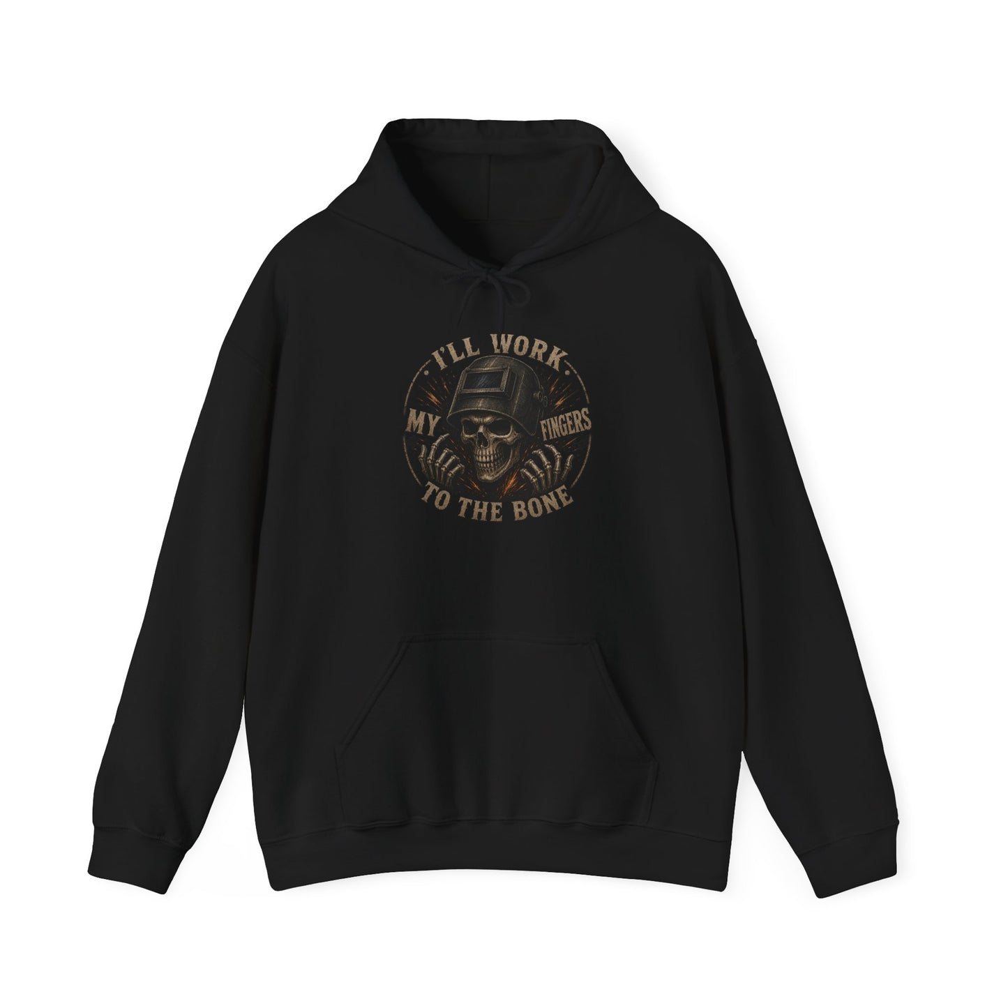 Hoodie — "I'll Work to the Bone" Vintage Skeleton Worker Pullover