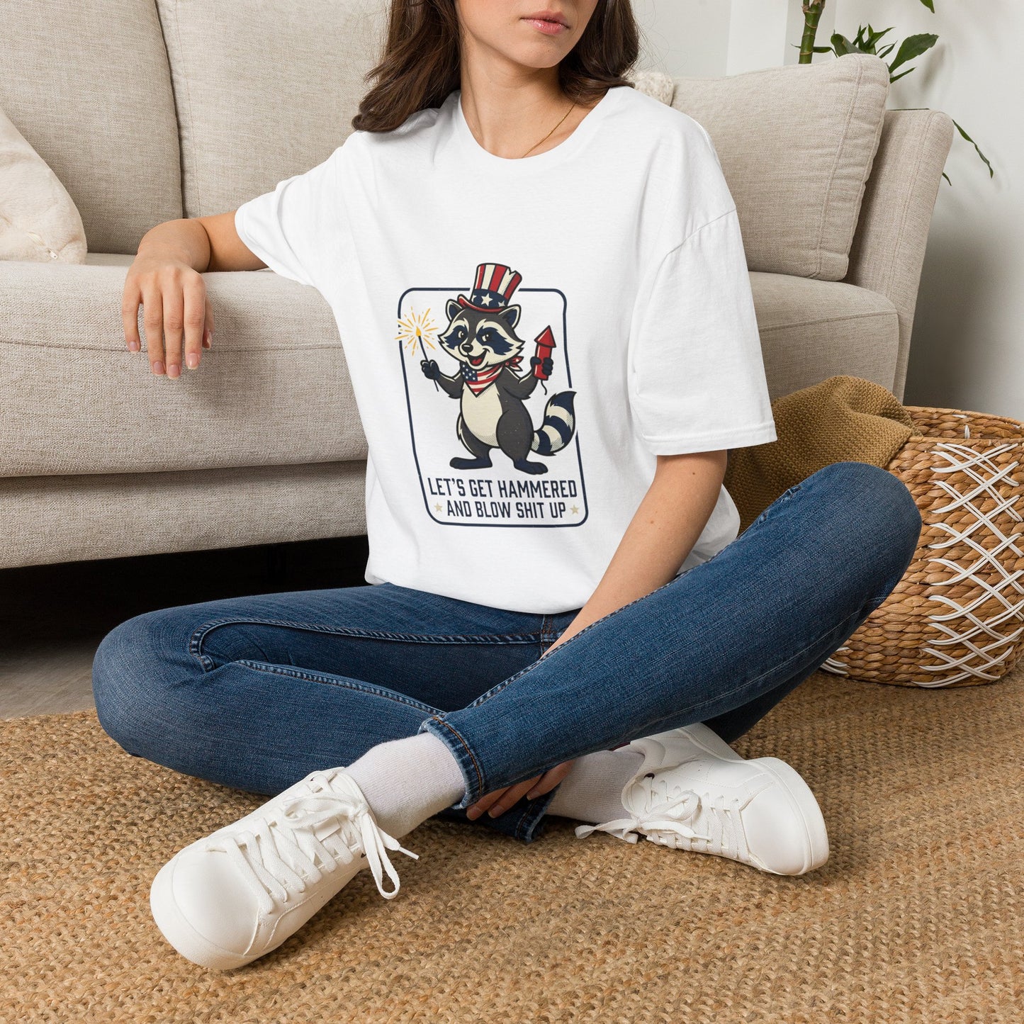 Patriotic Raccoon T‑Shirt — 'Let’s Get Hammered and Blow Shit Up' Fourth of July Tee