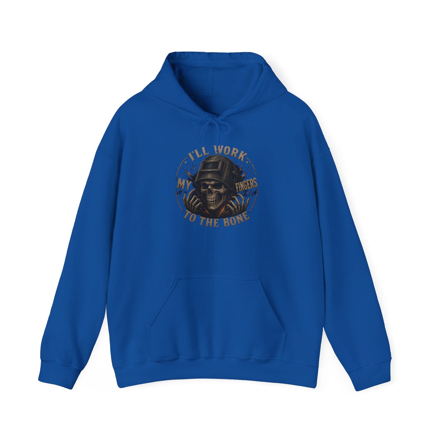 Hoodie — "I'll Work to the Bone" Vintage Skeleton Worker Pullover
