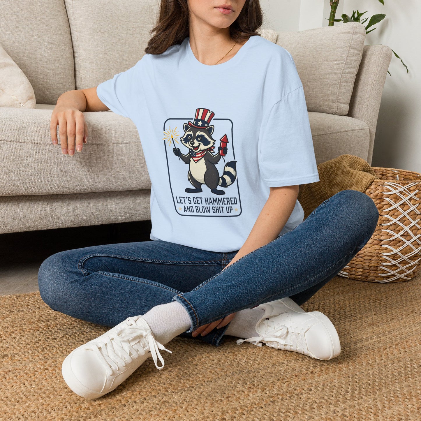 Patriotic Raccoon T‑Shirt — 'Let’s Get Hammered and Blow Shit Up' Fourth of July Tee