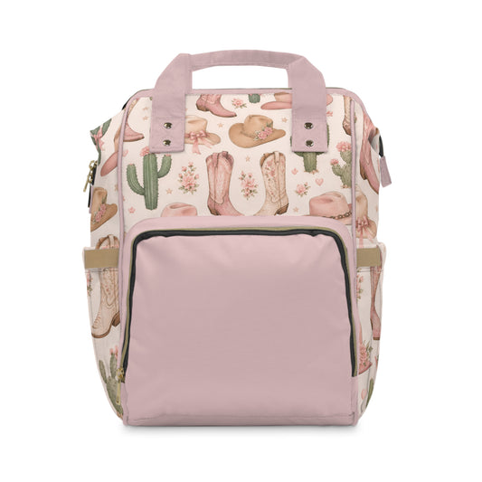 Pink Western Cowgirl Diaper Backpack — Multifunctional Baby Bag with Cowboy Boot & Cactus Print