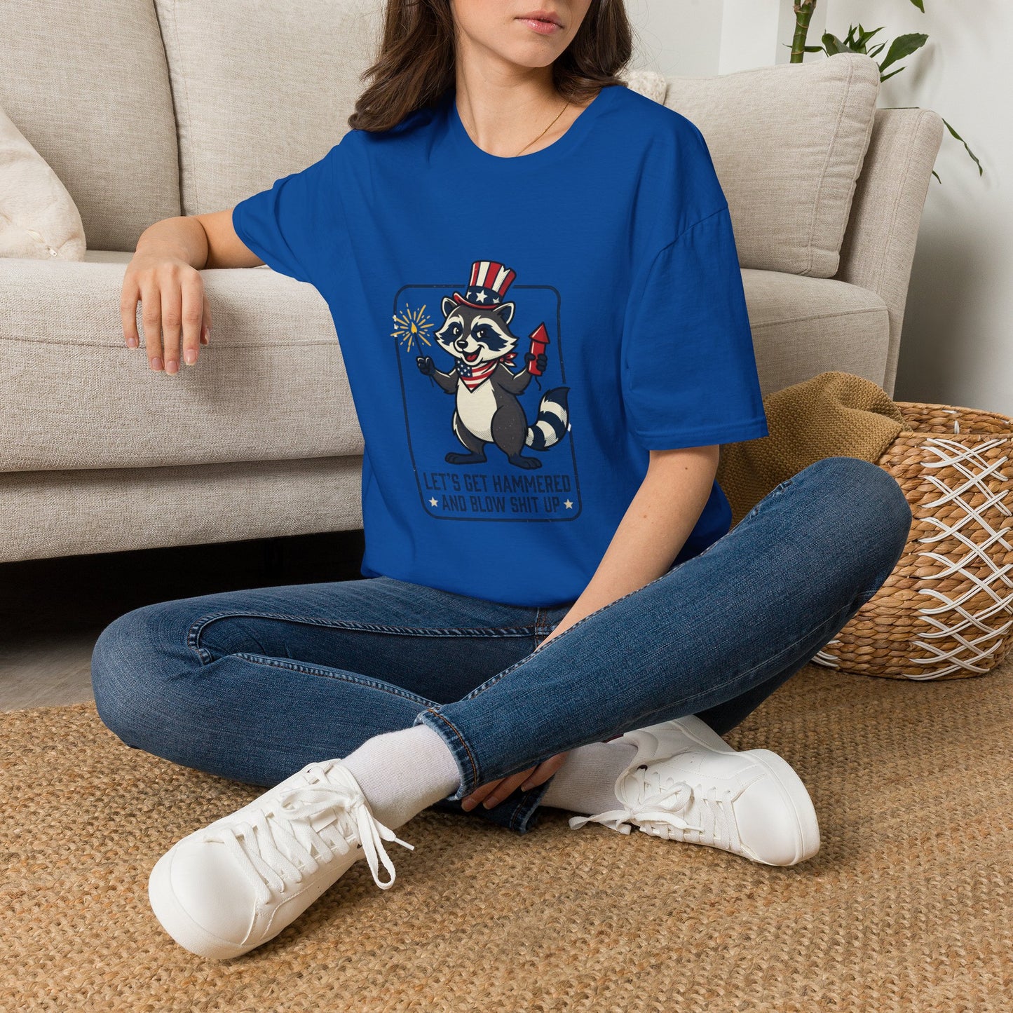 Patriotic Raccoon T‑Shirt — 'Let’s Get Hammered and Blow Shit Up' Fourth of July Tee