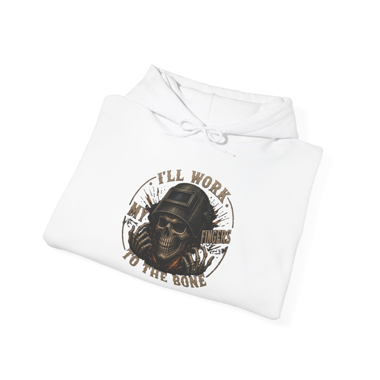 Hoodie — "I'll Work to the Bone" Vintage Skeleton Worker Pullover