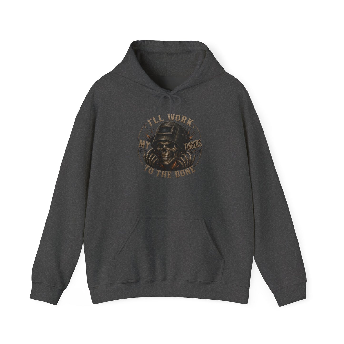 Hoodie — "I'll Work to the Bone" Vintage Skeleton Worker Pullover