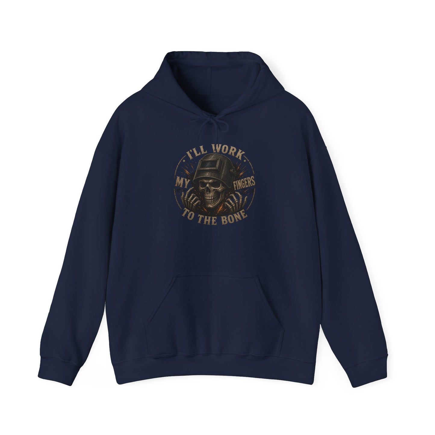 Hoodie — "I'll Work to the Bone" Vintage Skeleton Worker Pullover