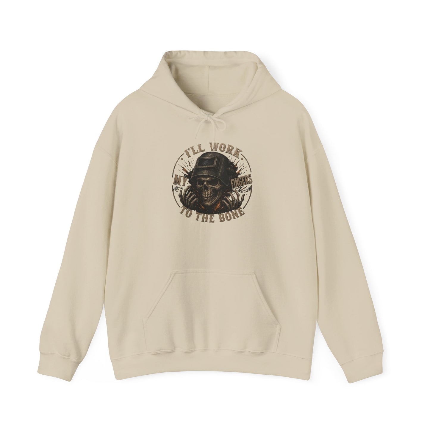 Hoodie — "I'll Work to the Bone" Vintage Skeleton Worker Pullover