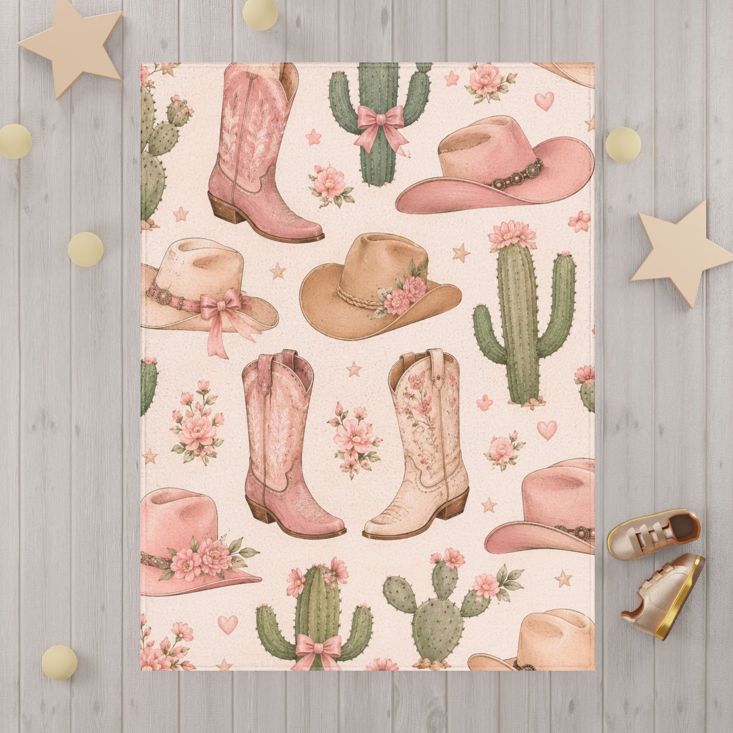 Western Themed  Toddler Blanket — Pink Cowboy Hat & Boot Nursery Throw