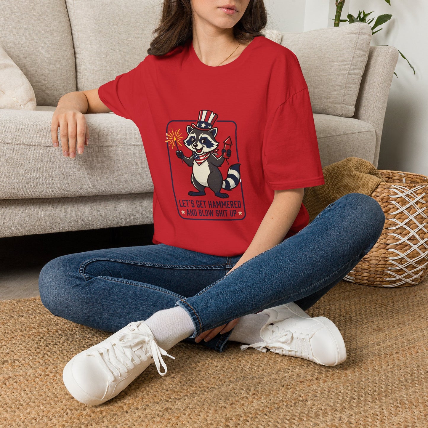 Patriotic Raccoon T‑Shirt — 'Let’s Get Hammered and Blow Shit Up' Fourth of July Tee