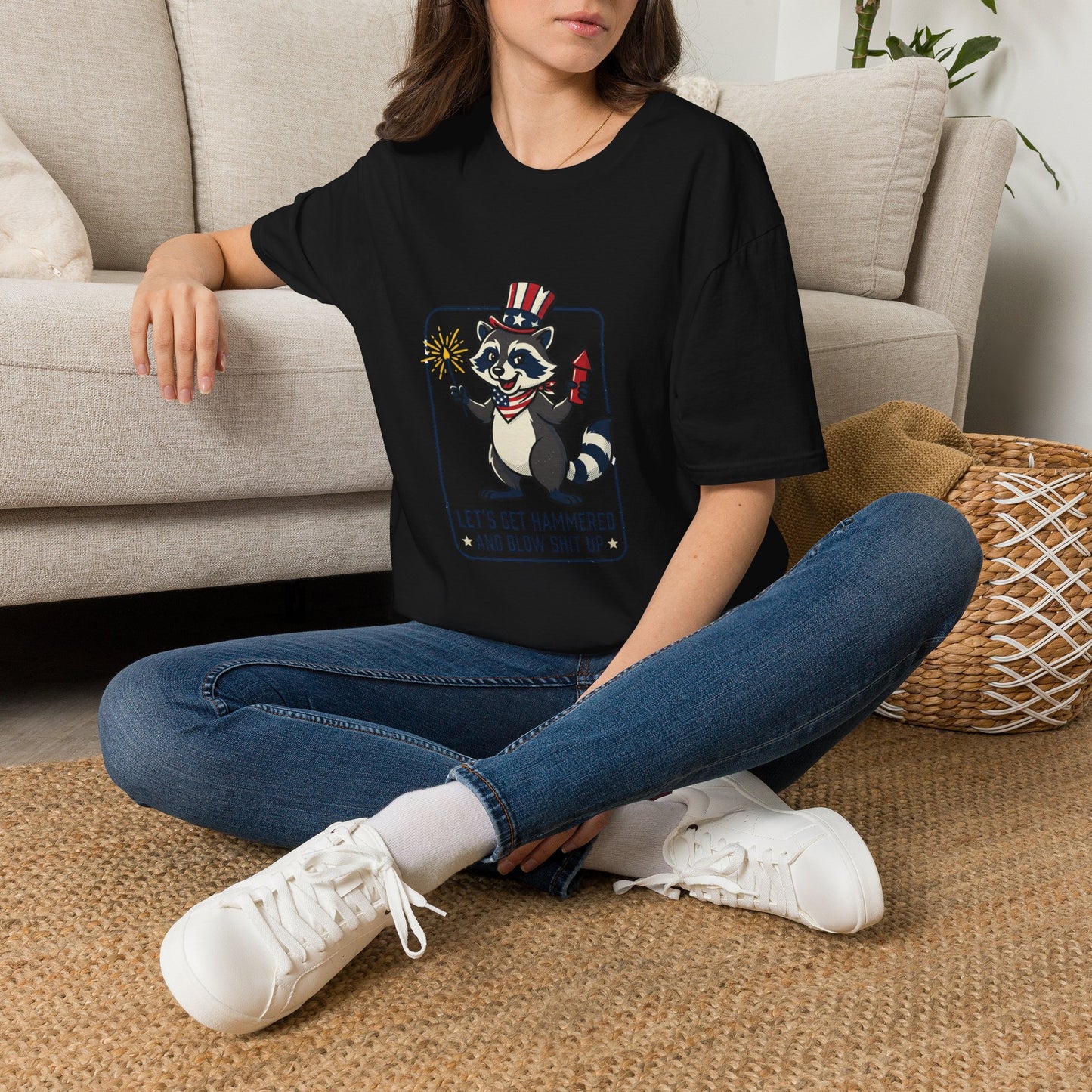Patriotic Raccoon T‑Shirt — 'Let’s Get Hammered and Blow Shit Up' Fourth of July Tee
